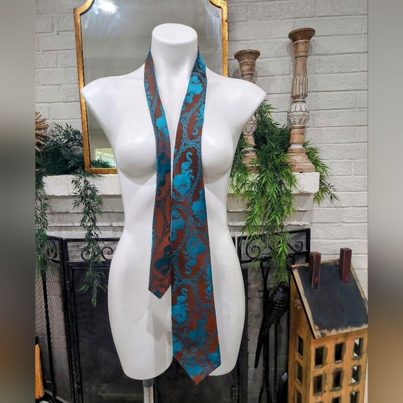 Handmade Tie Teal Chain Brown Jacquard Dragon Classic USA Made Luxury Necktie VG - Picture 2 of 5